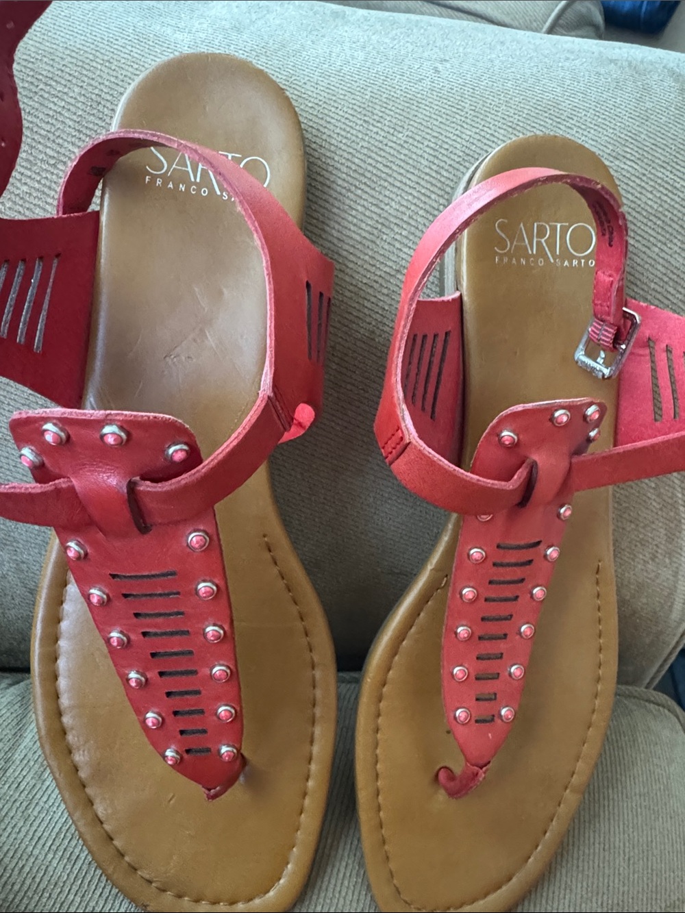 SARTO By Franco Sarto Red Studded T‑Strap Sandals